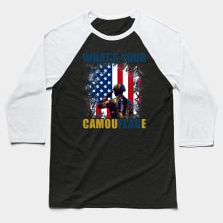 Saluting Soldier with American Flag - What's Your Camouflage? Baseball T-Shirt